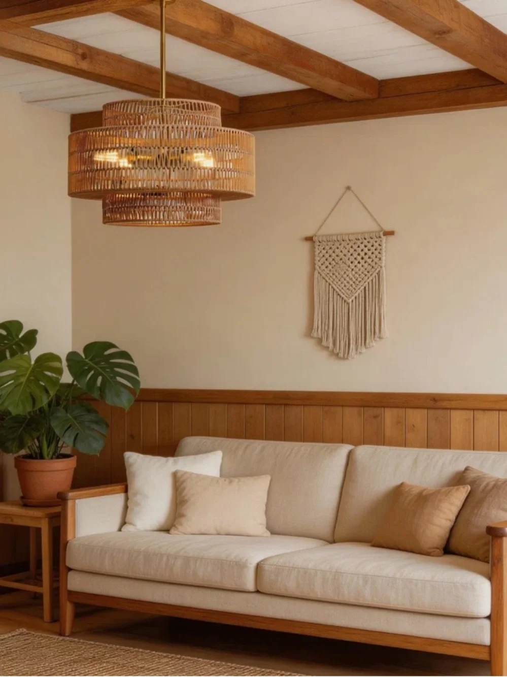 EVERLY QUINN NWT 4-light Boho Rattan Chandelier Light Fixture, 17.7